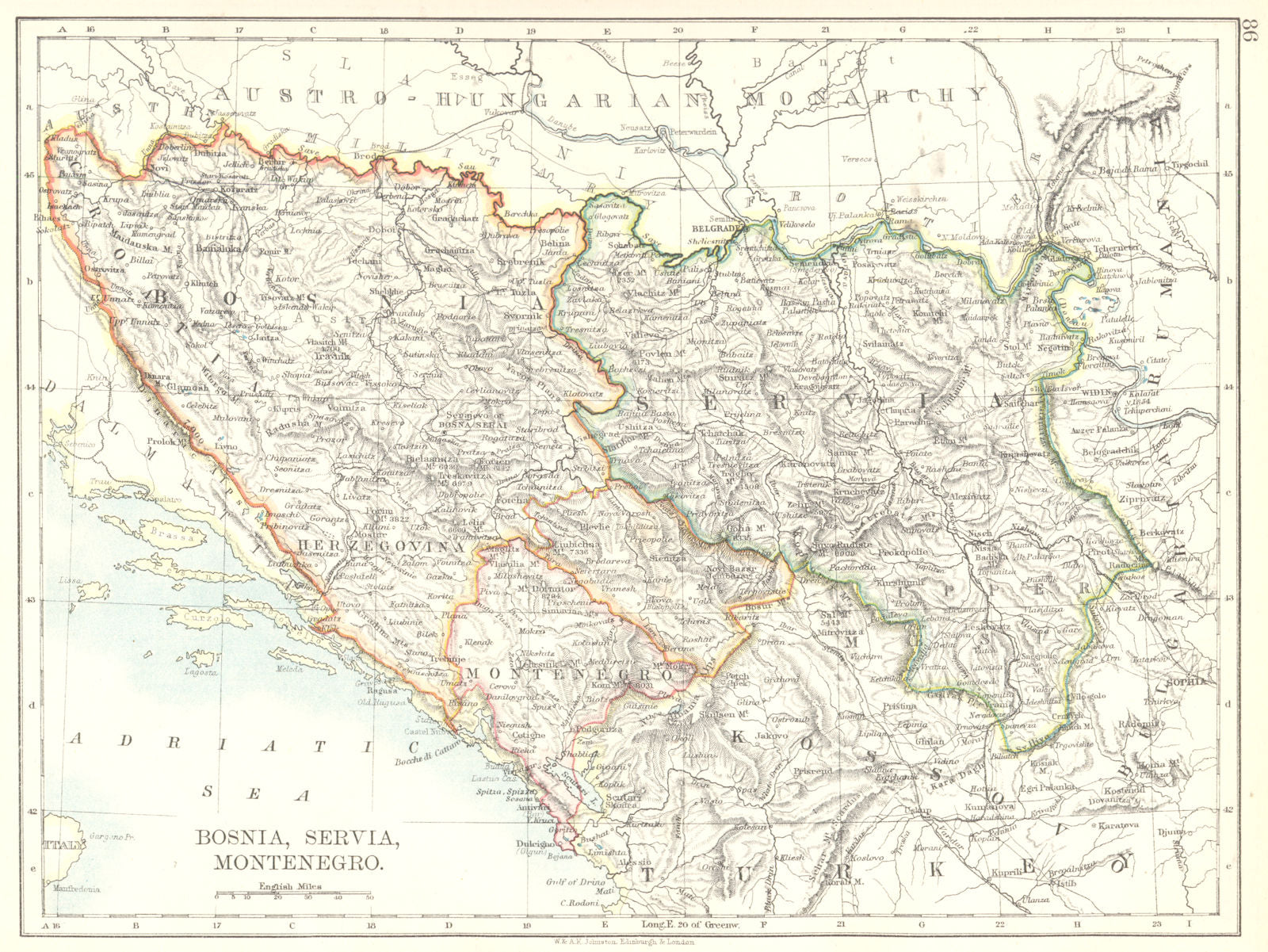 BALKANS. Bosnia Servia Serbia Montenegro Kosovo 1897 old antique map chart